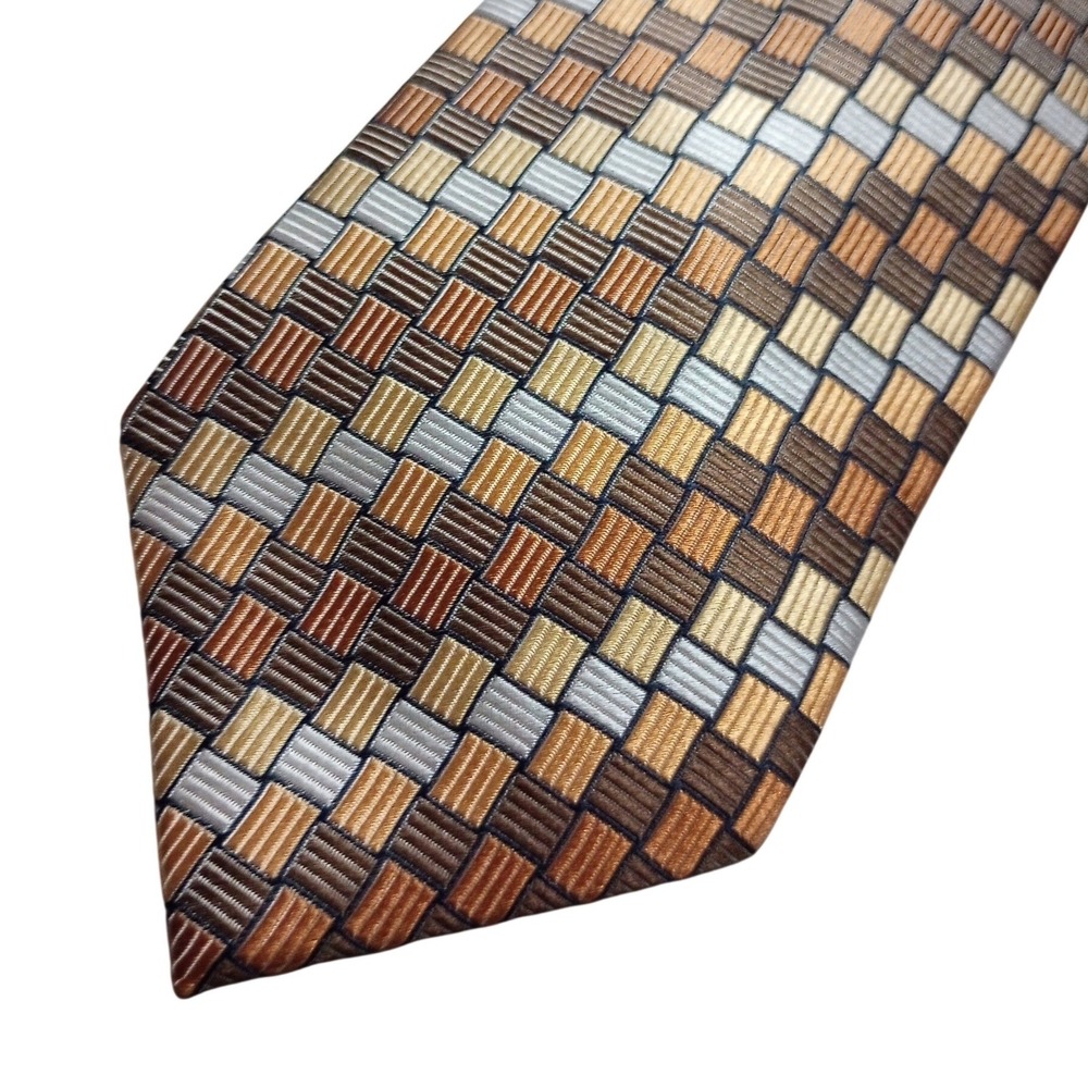 Bill Blass Mens Silk Tie Geometric Basketweave Gold Bronze Brown Silver Classic
